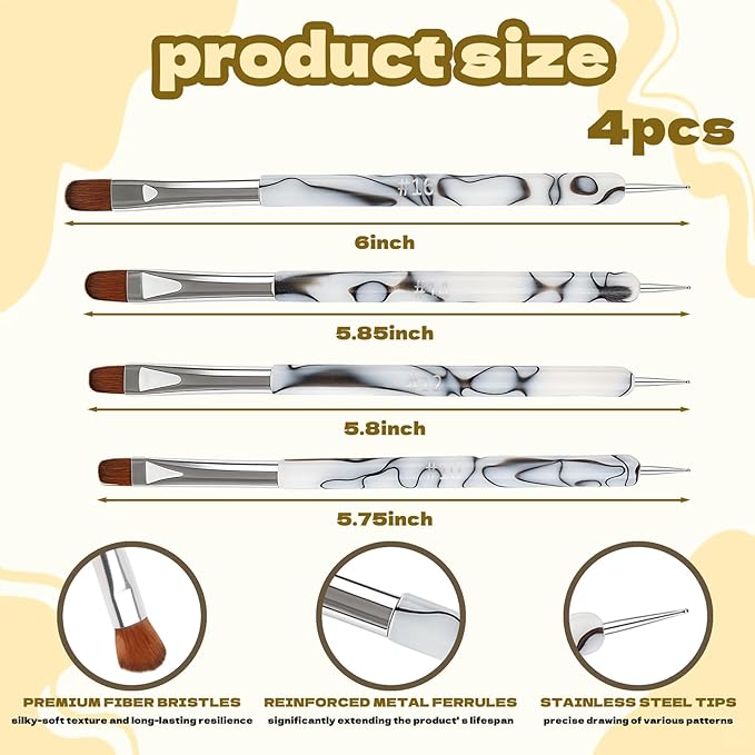4-Pack Nail Art Brushes Kit - 4 Sizes Double-Ended Dotting Pens & Nail Brush for Gel Polish, Drawing, Dotting and Detailing - Professional Nail Art Tools Paint Brushes & Pens Set