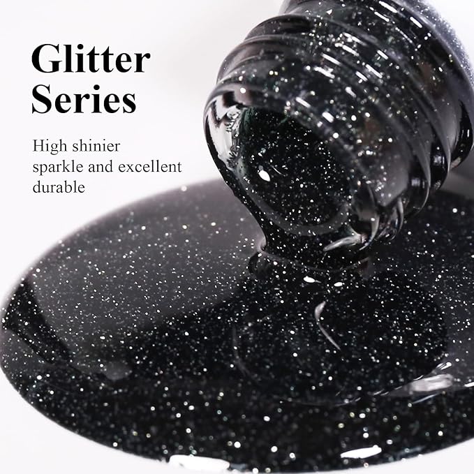 Imtiti Glitter Gel Nail Polish, 0.5 Fl Oz Black Glitter Gel Polish Soak Off LED UV Diamond Shimmer Sparkle DIY Art Starter Manicure Salon
