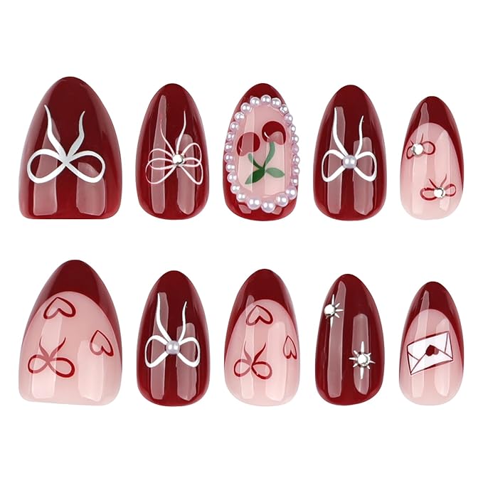 Red Press on Nails Almond - Short Fake Nails with Bow Heart Cherry Design - Winter False Nails Press ons - for Women 24 Pcs