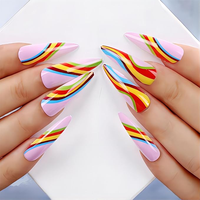 Fall Long Almond Tip Press on Nails xl Stiletto Shape Nails Press Ons Colorful Design Fake Nails Full Cover Glossy Acrylic False Nails Gift for Wemons 24pcs