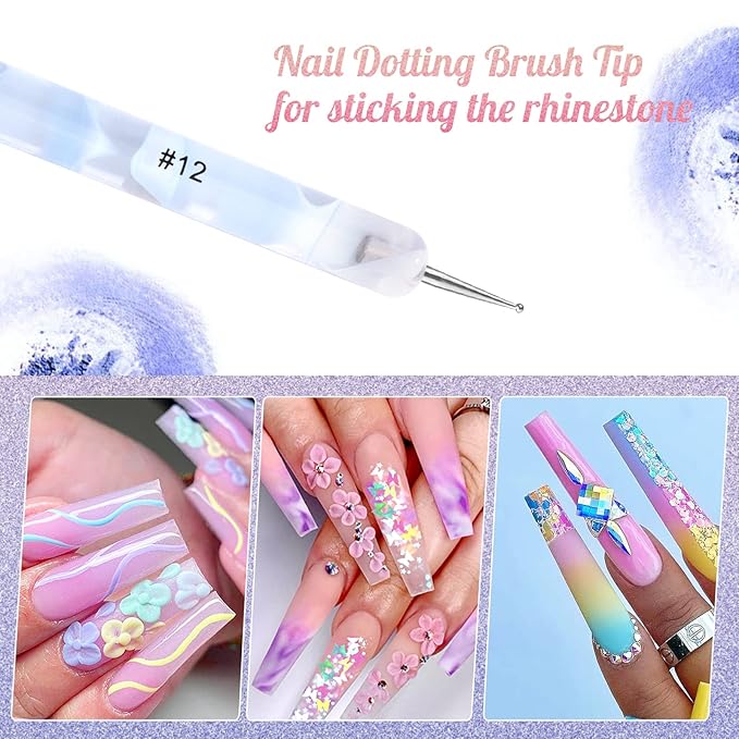 French Manicure Brush - Two Way Nail Art Brush with Dotting Tool for Cuticle Clean Up & Nail Art Design - Professional Salon Quality, Blue (12#)