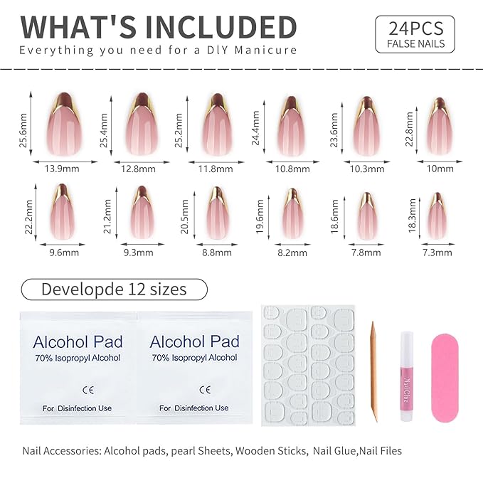 French Almond Press On Nalis Medium, Nude Fake Nails with Elegant Gold-Edged French Tip Design, Glossy Gel Finish Acrylic Nails, Reusable Glue On Nails for Women, Natural Stick On Nails Kit