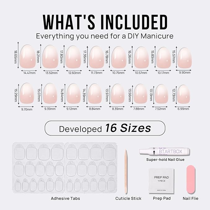 BTArtbox Press On Nails Almond - Extra Short Press On Nails, Nude White Ombre Soft Gel Nails, Natural Reusable Stick On Nails in 16 Sizes - 32 Fake Nails Kit
