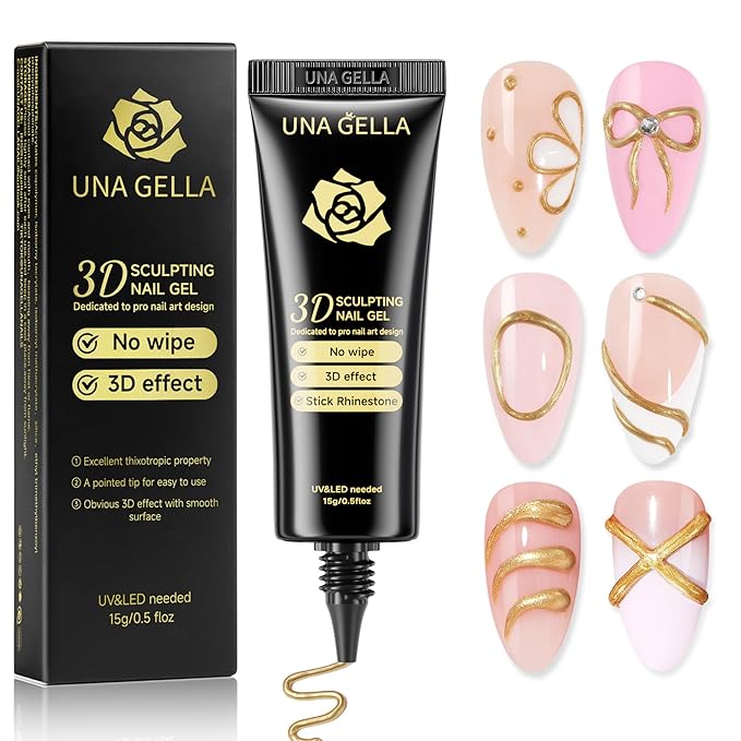 UNA GELLA Metallic 3D Gel Nail Art Bronze Gold 15g No Wipe Sculpting Chrome Gel Nail Polish for Drawing, Molding, Charms and Gems Decoration Lamp Curing Needed