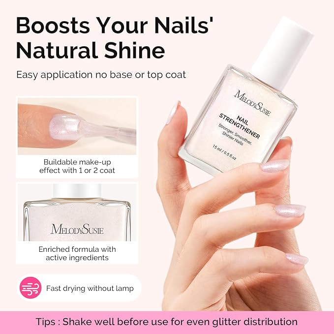 MelodySusie Nail Strengthener and Growth Treatment, 2-in-1 Ridge Filling Base Coat & Glossy Concealer Polish for Damaged Nail Repair and Healthy Shine,Gifts for Women 15ml 0.5 Fl Oz Sparkling White