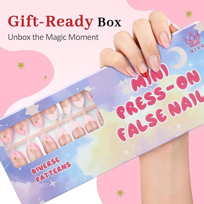 16 Sizes Press on Nails Kit for Kids - 32 Pieces French Almond Fake Nail Tips for Girls 8-12 Years Old with Jelly Nail Adhesives & No-Lamp Nail Glue, Birthday Christmas Gifts(Rose Pink French)