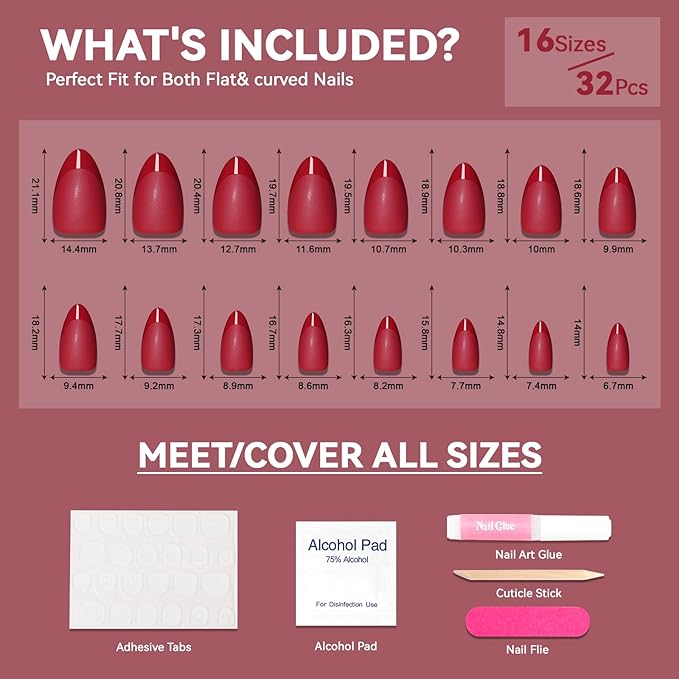 Red French Press on Nails Short Almond-Solid Red Nails with Glossy French Tip in a Matte Finish, Soft Gel Reusable Fall Fake Nails Winter Burgundy Stick on Nails for Women Gift, 32PCS 16 Sizes