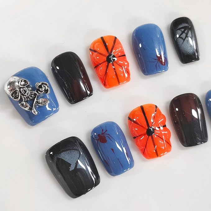 Halloween Press on Nails Short Square Handmade Acrylic Nails 3D Thick Fake Nails with Pumpkin Spider Web Skull Designs Gothic Sturdy Art False Press on Nail 10Pcs(M)