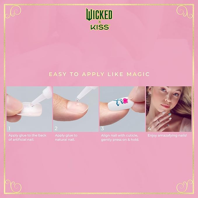 WICKED X KISS Press On Nails, ‘Bloom in Land’, Pink, Medium Oval, Waterproof, Chip Proof, Smudge Proof, 28 Fake Nails, Pink Gel Nail Glue (2g), Mini Nail File, & Manicure Stick