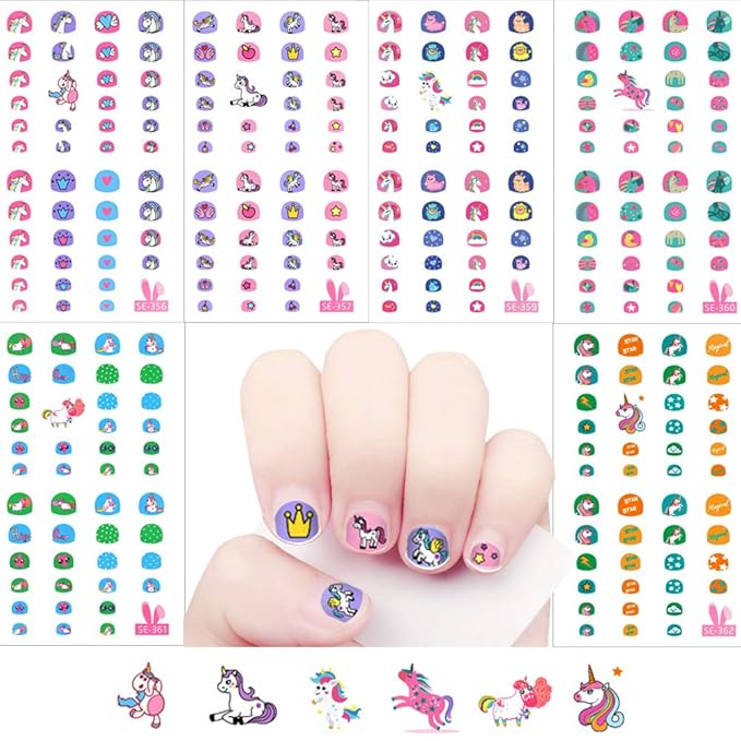 Kids Nail Art Stickers Unicorn Wraps Decals Set for Little Girls, 270+ Children Self Adhesive Unicorn Princess Birthday Party Supplies Fingernail Toenail Tips Makeup Manicure Christmas Gift