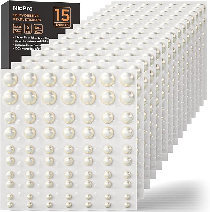 1050 PCS Pearl Stickers Self Adhesive，Nicpro 5 Size Stick On Makeup Pearl Gem Jewels Decor for Face, Body, Nail, Hair, Phone Art Craft Scrapbooking Embellishments, Size 4mm/5mm/6mm/8mm/10mm