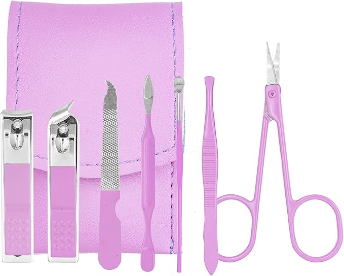 Nail Clipper Set, 7PCS Manicure Set Fingernail Clippers Kit Fashion Color Purple Stainless Steel Pedicure and Manicure Kit with Purple PU Leather Case