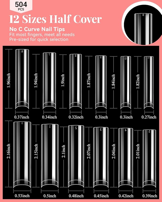MORGLES 3XL Square Nail Tips No C Curve, 504 Pcs Clear Acrylic Half Cover Tips with Nail Glue, Clipper, Files and Cuticle Fork for DIY Manicure