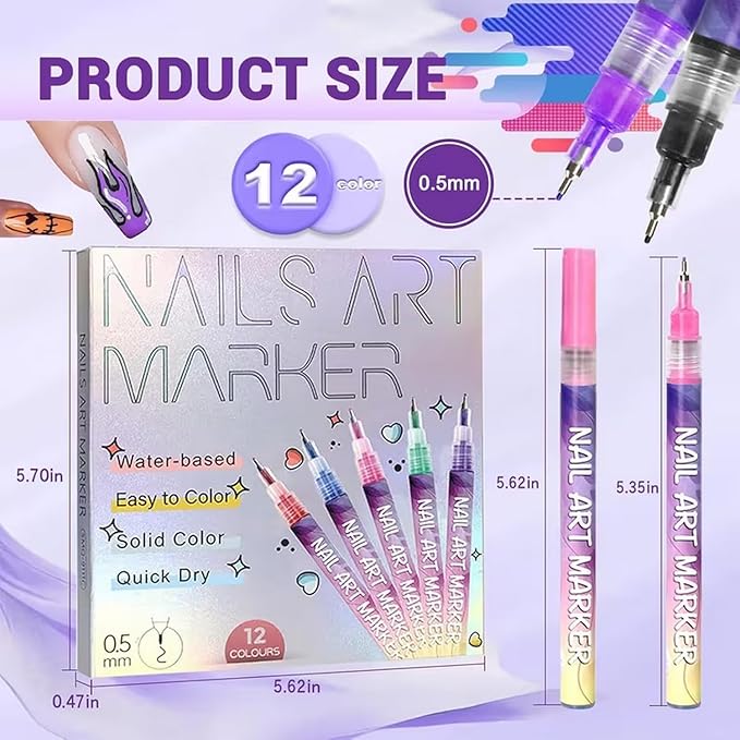12 Colors Nail Art Pens Set，0.05mm NailPolish Pens, 3D Markers Polish Pen Sets Quickly Dotting Drawing Painting Liner Brush for Art Design DIY Manicure Supplies