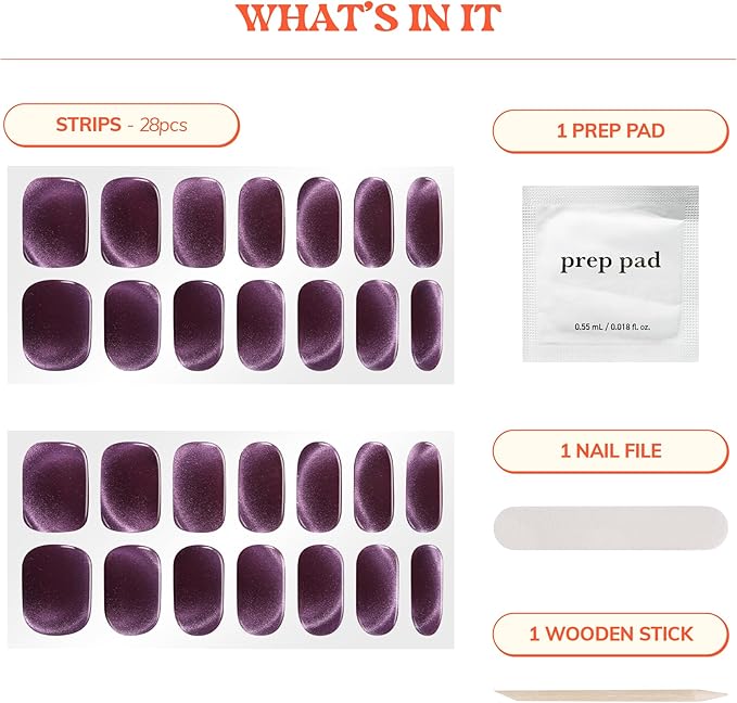 Heyhae Semi Cured Gel Nail Strips | No LED Lamp Needed | Fall, Purple, Cat-Eye | Easy Apply & Remove, Salon Quality | Includes 28 Strips, 1 Prep Pads, Nail File & Wooden Stick - Hey, Starry Gaze