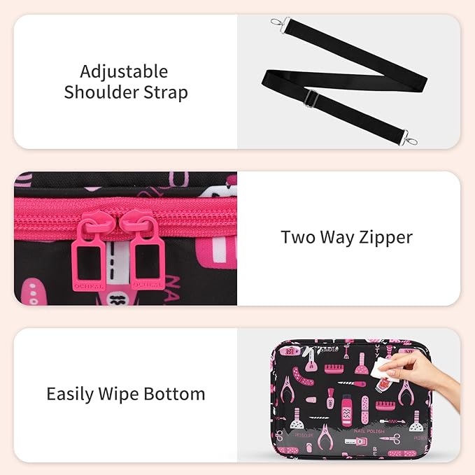 Nail Polish Organizer Case - Holds 45-90 Bottles & UV Nail Lamp, Nail Tech Organizers And Storage Bag for Nail Supplies & Manicure Kit & Pedicure Tools, Nail Technician Case (Cartoon Black, 45 Slots)