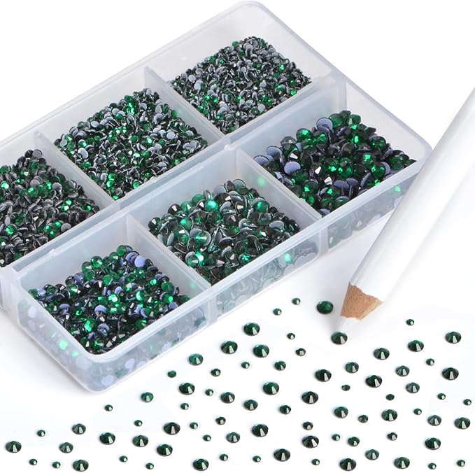 NCB Hotfix Iron on 8000pcs Crystal Rhinestones Round Gem for Crafts Decoration DIY Jewelry Making with a Picking Pen (Emerald, 6Sizes SS3-SS12)