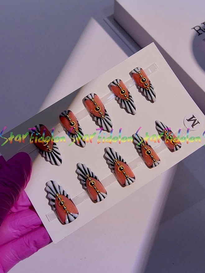 HAND-PAINTED White Press Ons Neon Small Press on Nails Long French Press on Nails Coffin Medium Short Nail art Fake Nail Art Kit with 7g Glue on Nails Handmade Almond Square Nails (TJ60, Medium)