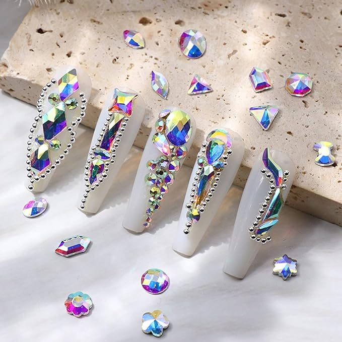 2052Pcs Crystal AB Nail Rhinestones 72 Multi Shapes Crystal White AB Rhinestones for nails Flatback Big Nail Gems +1980 K9 Glass Round Beads Stones Diamonds Nail Charms Art for Nails Faces Eyes
