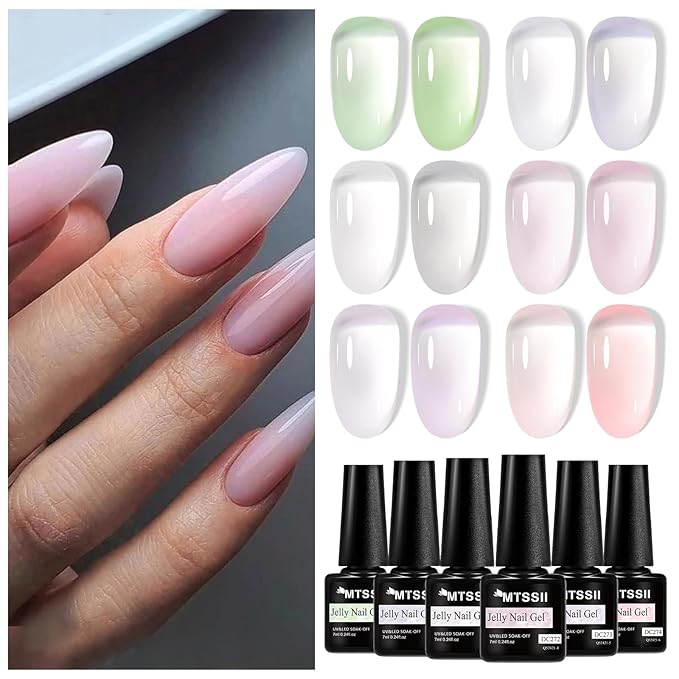 MTSSII 6PCS Jelly Gel Nail Polish Transparent Pink Green Violet Colors Sheer Nude Gel Polish Kit for Salon Gel Manicure and Nail Art DIY at Home