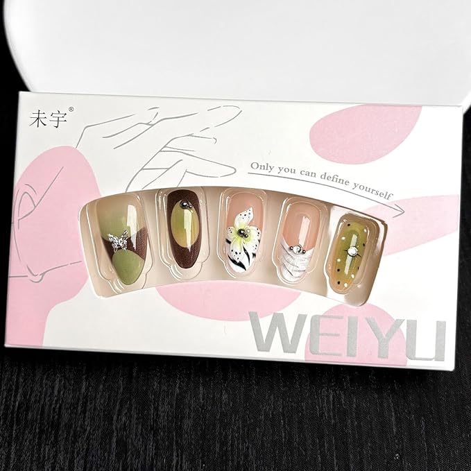 St. Patrick’s Day 30Pcs Handmade Press on Nails Almond Fake Nails Fluorescent Green False Nails with 3D Gradient Flower Butterfly Rhinestone Glossy on Nail Full Cover Press Ons Nail for Women Manicure