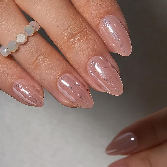 Curvlife Press On Nails Medium Almond Nude - Galaxy Cat Eye Press on Nails with Glue, Milky Tea Magnetic Glitter Glossy Fake Nails Long Lasting False Nail Tips for Women