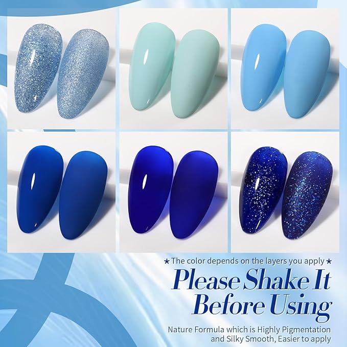 Born Pretty Blue Gel Nail Polish Set 6 Colors Spring Summer Light Baby Royal Blue Reflective Glitter Gel Polish Soak Off Nail Art Manicure DIY Design Home and Salon Holiday Gift