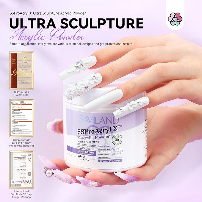 SAVILAND Long-Lasting White Acrylic Powder: Smoother Keratin Nail Powder 2024 Blending Tech 5.29oz for DIY Sculpture Extension Carving 3D Art Tech Salon