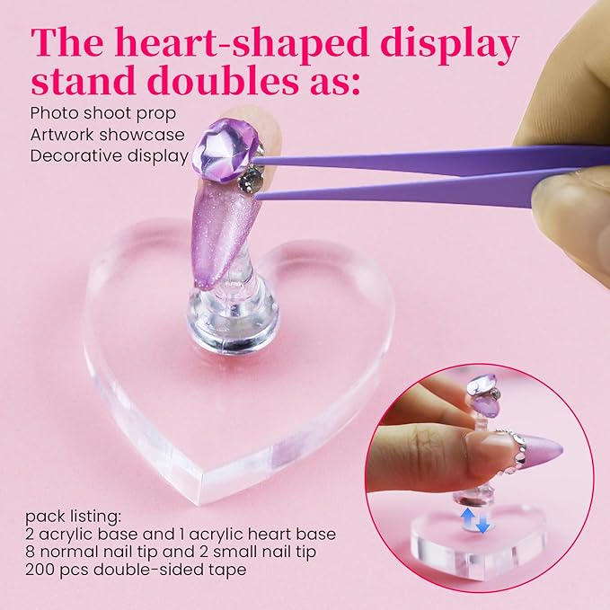 Nail Stand For Press Ons Tall Extra-High Nail Tip Holder For Painting Art Supplies Magnetic Wood Display With 1 Heart Fake Nail Stands, 200Pcs Double Sided Tape, Decorating Art Accessories Kit