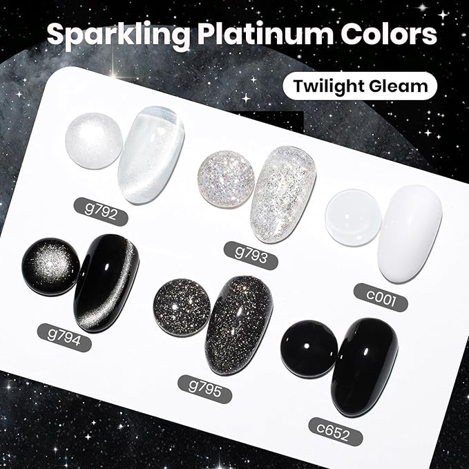Beetles Gel Nail Polish Set - Twilight Gleam 6 Colors Cat Eye Glitter White Black Silver Shimmer Sparkle Gel Polish Kit with Magnet Soak Off Nail Art Uv Led Home Salon Spring Summer Gift for Women