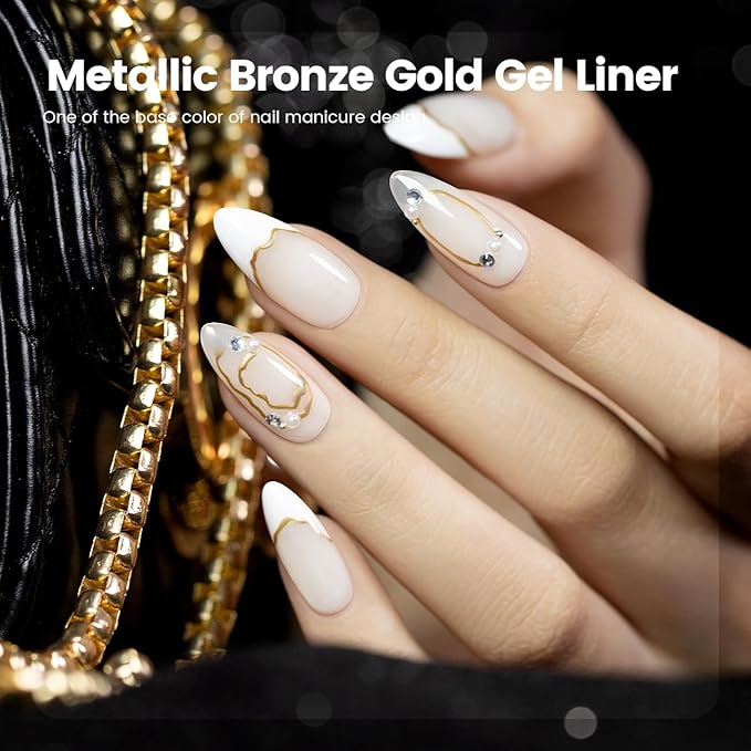 RARJSM Nail Art Gel Liner Metallic Bronze Gold and White 2pcs Set Mirror Chrome 3D Effect Gel Nail Polish 8ml Build in Thin Brush Swirl Drawing Stripper Gelpolish Curing Requires for Home Salon