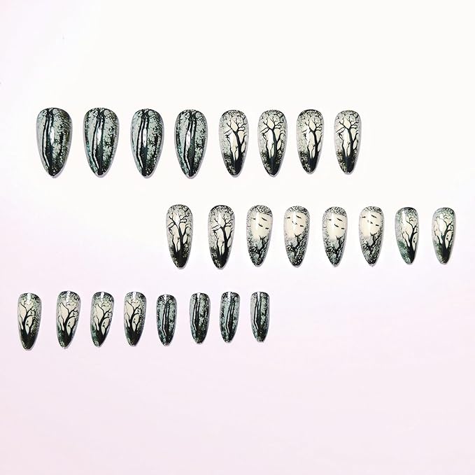 Halloween Acrylic Press on Nails, Black & White Dead Tree Fake Nails, Reusable Full Cover Stick on & Glue on Nails for Women 24Pcs