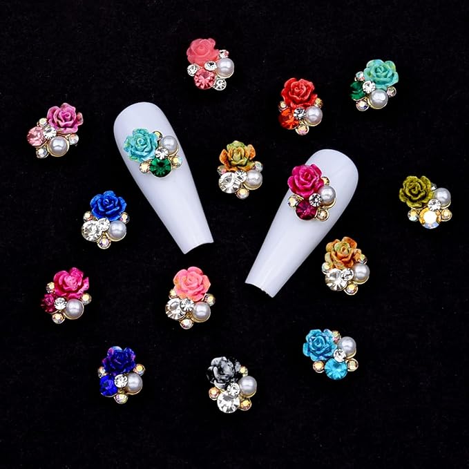 120PCS Y2K Nail Rhinestones Flowers - 3D Flower Nail Charms with Rhinestone, 12 Colors Floral Nail Jewelry Decor Accessories for Nails/Phone/Craft (Gold, Gift Ready)
