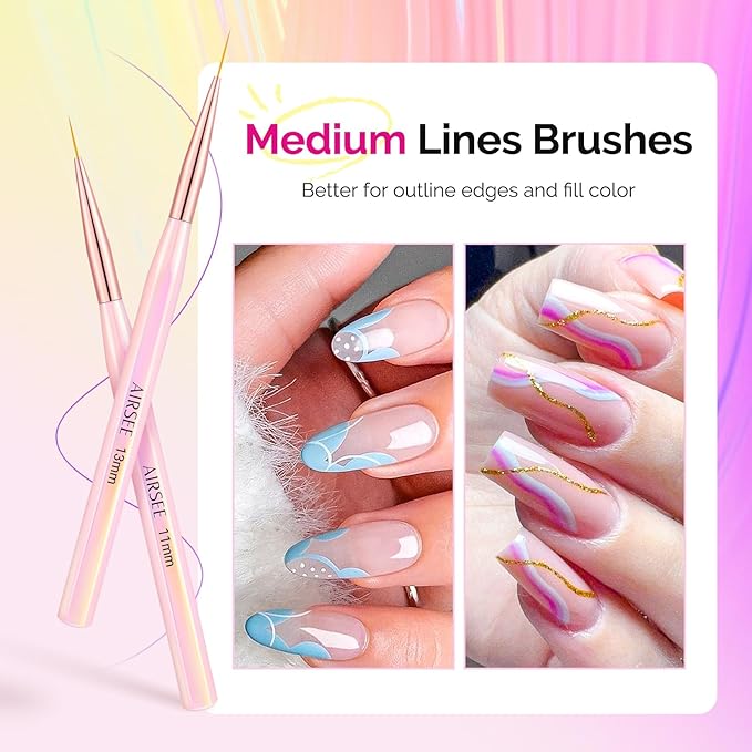 AIRSEE 6Pcs Nail Art Liner Brushes Set, Liner Brush For Nails Gel, Thin Line, Detail Painting, Art Design Pen For Long Lines, Fine Drawing Sizes 7/9/11/13/15/20mm, Pink