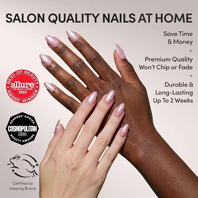 Valentines Day Glamnetic Press On Nails - Pearl Me Softly | Short Almond Fake Nails in a Soft Pastel Pink Hue with Girly 3D Pearls and a Velvet Finish | 15 Sizes - 30 Nail Kit with Glue