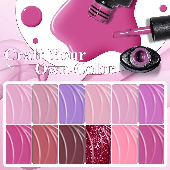 MTSSII Gel Nail Polish Set: 12 Pcs Hot Pink, Rose, Red Gel Polish Kit with Soft Pink Glitter - Valentines' Day Gifts for Women, Soak Off UV Nail Lamp Manicure Kit