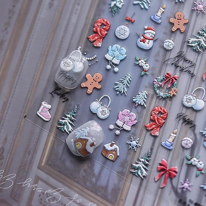 Christmas Nail Stickers Snowman Nail Art Stickers Xmas Tree Bear Nail Decals for Nails Art with Gingerbread Man Design Winter Nails Decals for Women Girls Kid Manicure Decoration Accessories