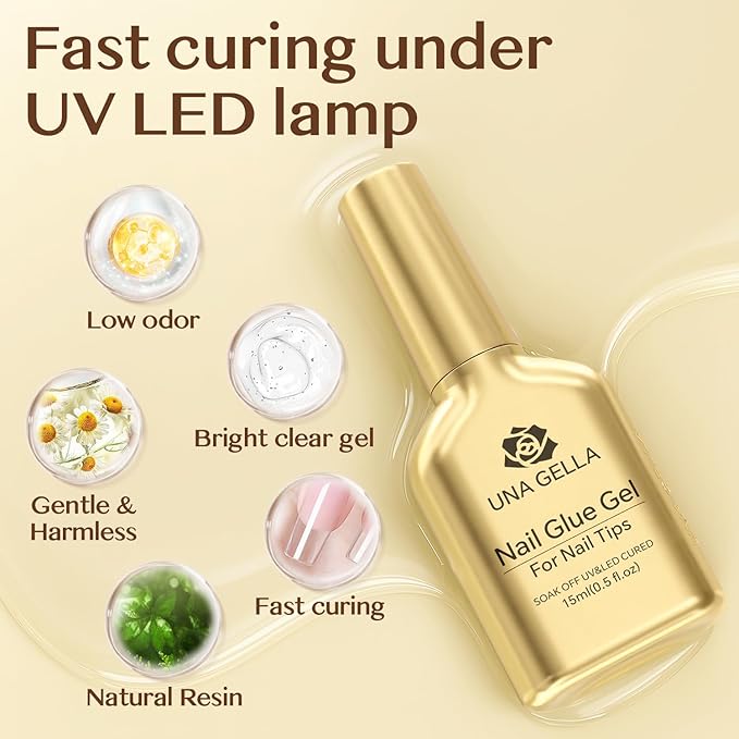 UNA GELLA 6 in 1 Gel Nail Glue for Clear Acrylic Nails Tips, 2Pcs 15ml Super Strong Brush UV Nail Glue Long Lasting Lamp Curing Required for Fake Nails Tips