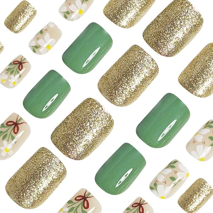 Short Press on Nails Square - Green Fake Nails with Flower Design - Spring, Glitter Full Cover Stick on False Nails for Women - 24 Pcs
