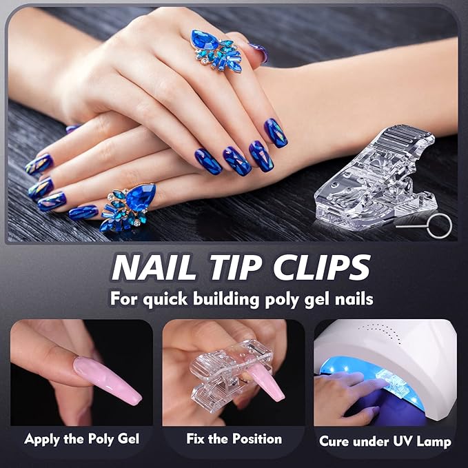 Beloving 10 Pcs Nail Clips for Poly Nails Gel, Adjustable Tightness Nail Tip Clips for Quick Building Gel Nails, Extension Nail Kit Tool with 2 Adjust Needles for Nail Art Manicure DIY, Clear