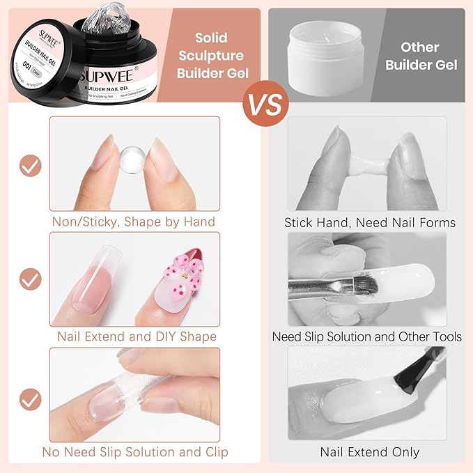 Solid Builder Nail Gel, 60g Large Capacity Clear 3D Nail Sculpting Hard Gel for nails Art Non-Sticky Hand for Carving Extension with Chrome Powder Home DIY Manicure