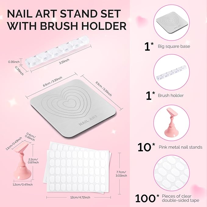 MelodySusie Nail Stand for Press Ons, Super Metal Square With Heart Pattern Magnetic Base for Painting Display with Brush Holder And Reusable Double-Sided Tape for Home DIY Salon Supplies