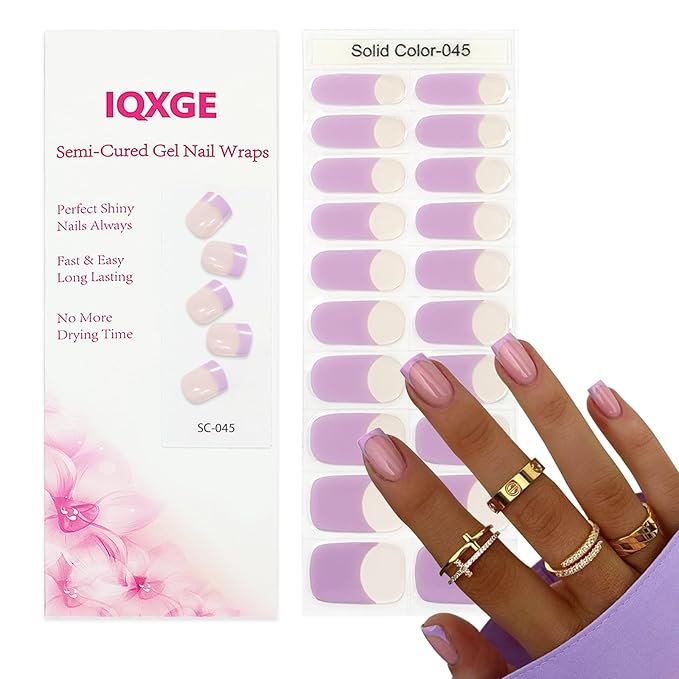 Clear Semi Cured Gel Nail Strips French Tip 20Pcs Dusty Purple UV Gel Nail Stickers Glossy Nails Polish Strips UV/LED Light Needed Self Adhesive Full Polish Nails Wraps for Women