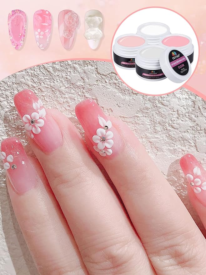 EBANKU Solid Builder Gel Kit, Builder Gel for Nails 4 Colors Clear White Nude Pink for Nail Art Strengthen Nail Extension Kit for Beginners Home DIY, 4 * 15g