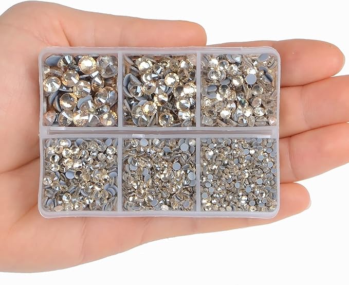 4000Pcs Mixed Size Hot Fix Round Crystals Gems Glass Stones Hotfix Flat Back Rhinestones (Light Champagne)