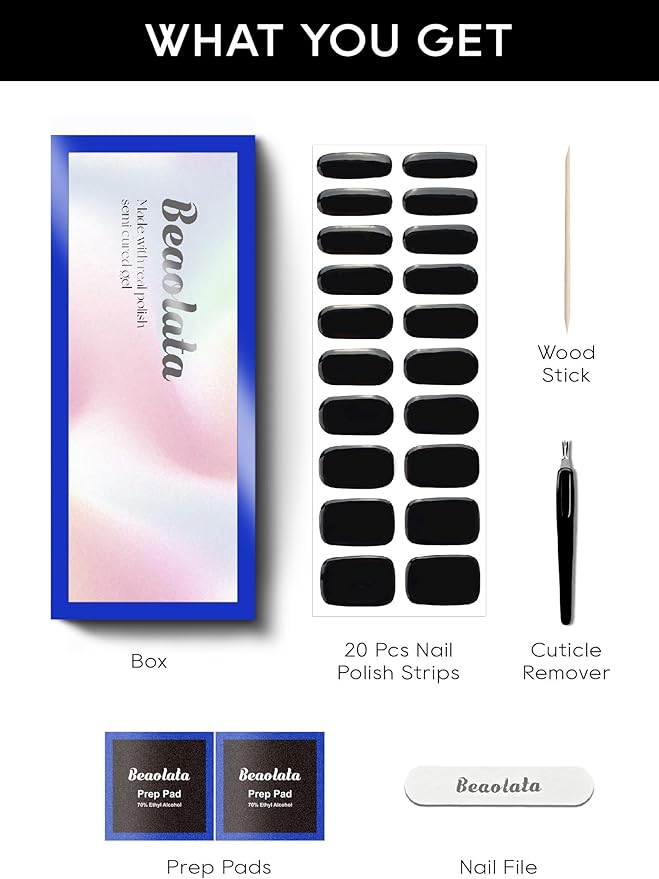 Semi Cured Gel Nail Strips - UV Light Gel Nail Stickers - 20 Long Lasting Salon Quality Wraps (Black Night of Agates)