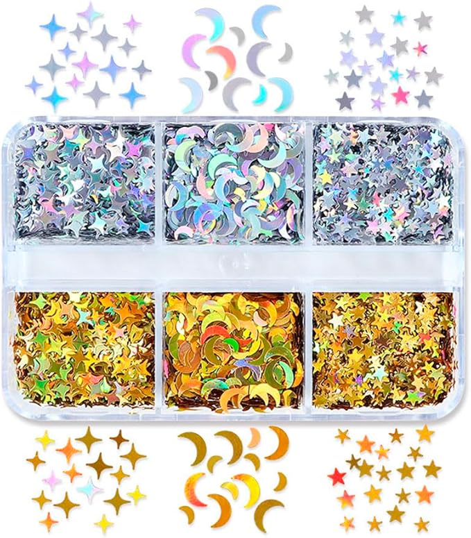 Nail Art Laser Gold Glitter Sequins Star Moon Manicure Sticker Silver Nail Decoration 6Grids