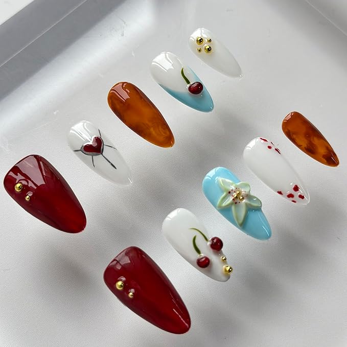 Luxury Press on Nails Medium Almond Handmade 3D Unique Reusable ABS Material Fake Nails French Tip False Nails with Designs Cherry Flower Glossy Heart Glue on Nail Thick Acrylic Nail(S)