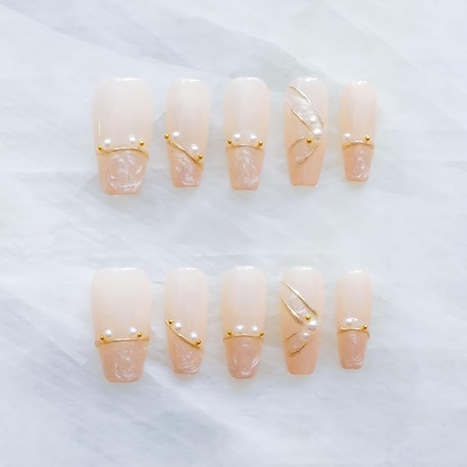 [GLORS] Luxury Pearl Press-on Nails, Long Ballerina Shape, Gold Accented Artificial Nails Set, Handmade False Nail 10 Pieces (Large, LS)