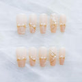 [GLORS] Luxury Pearl Press-on Nails, Long Ballerina Shape, Gold Accented Artificial Nails Set, Handmade False Nail 10 Pieces (Medium, LS)